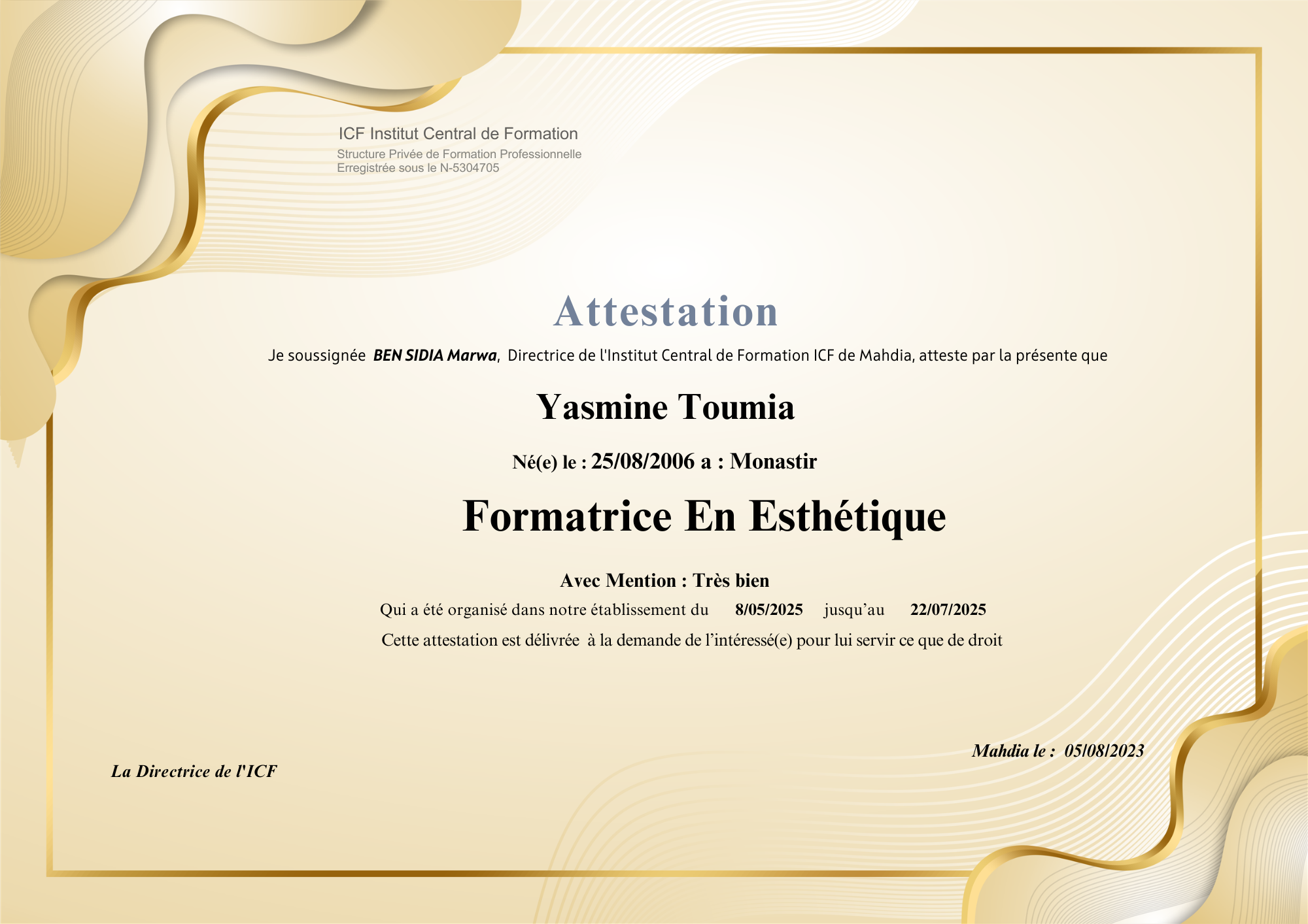 Certificat Formatrice