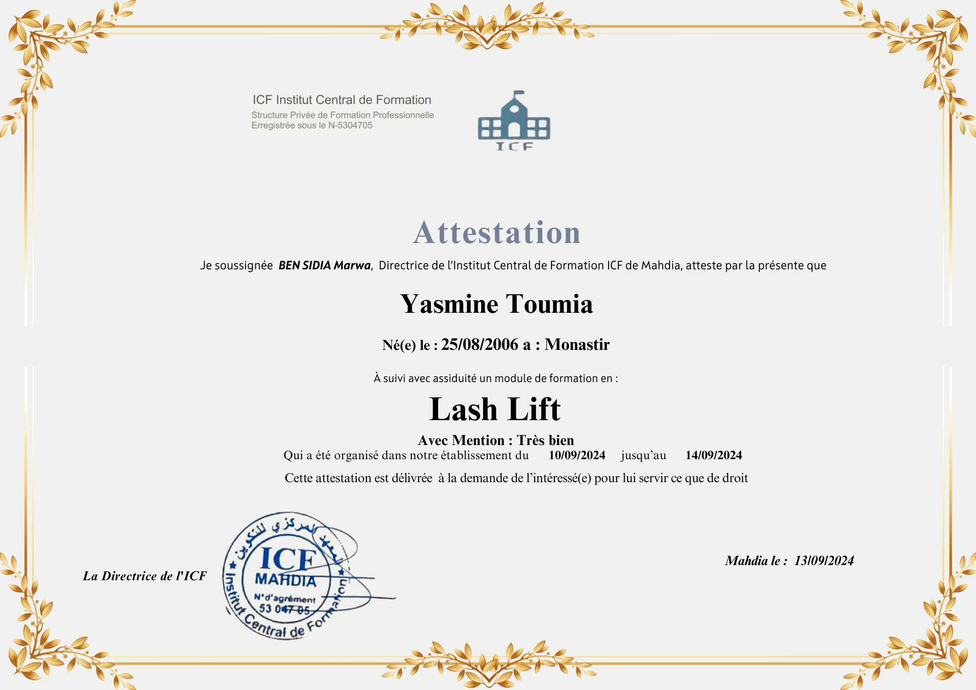 Certificat Lash Lift