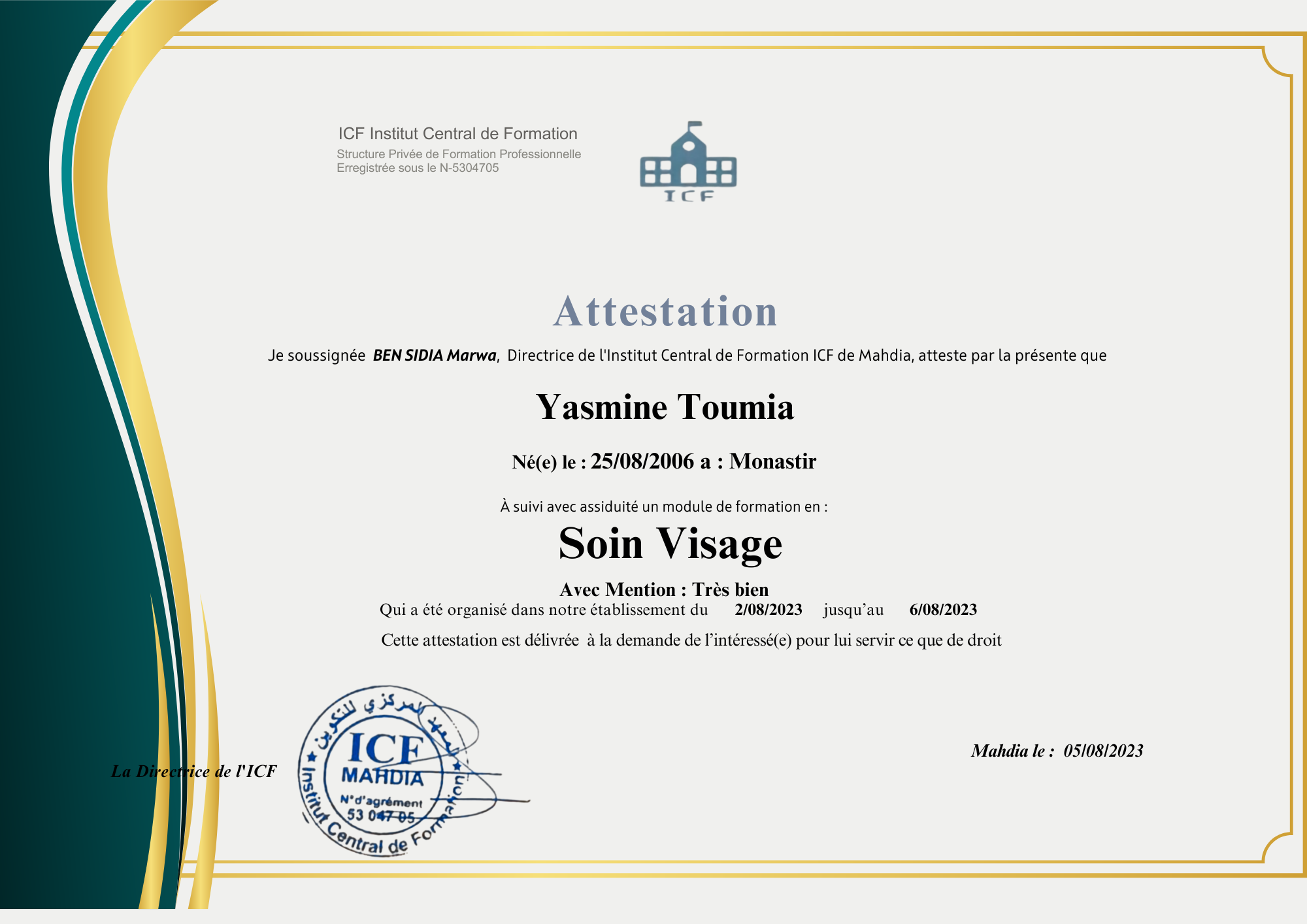 Certificat Soin Visage